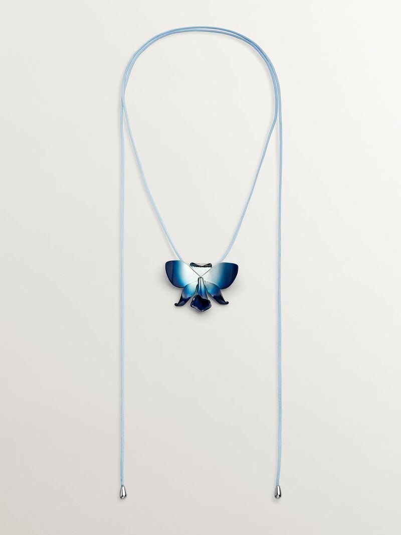 Cord and 925 silver necklace in the shape of an orchid, gradient blue enamel and polished effect image number 3