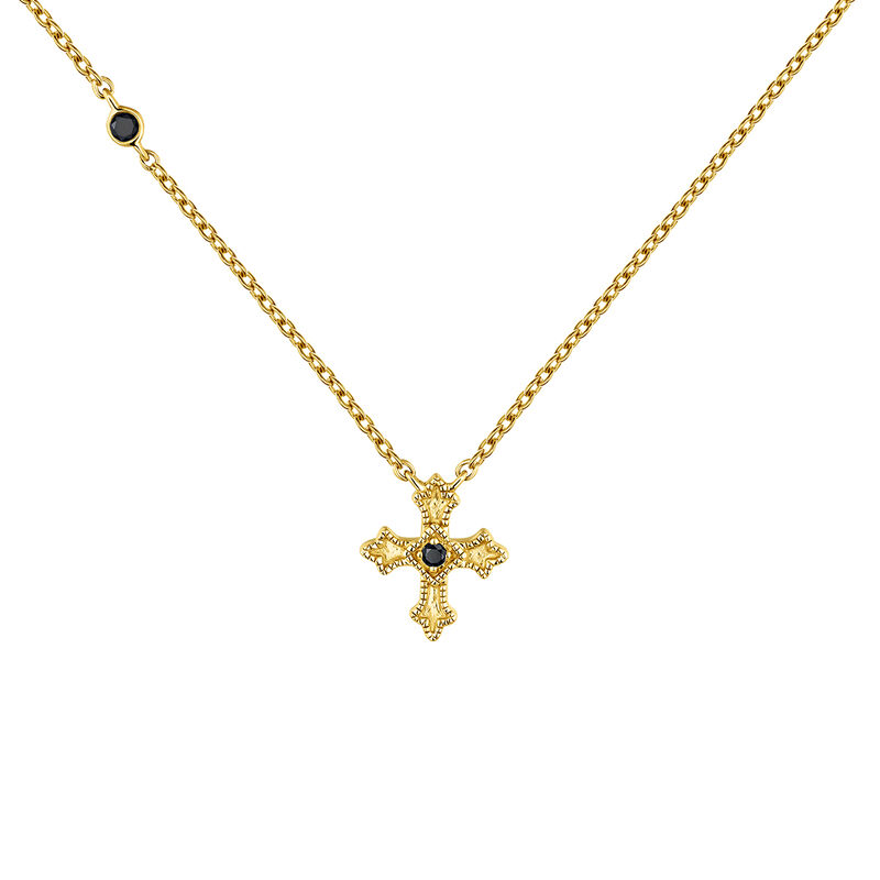 Gold plated small-size cross necklace with white spinel , J04230-02-BSN, hi-res