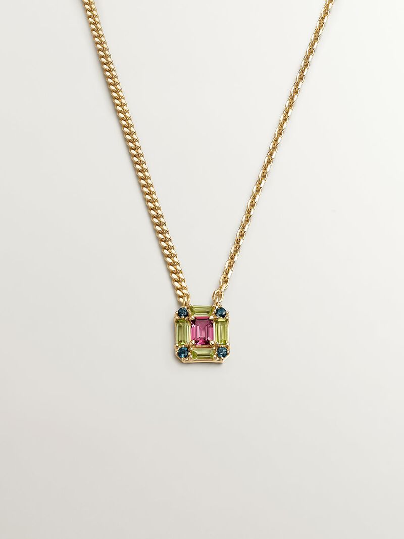 925 Silver pendant bathed in 18K yellow gold with pink rhodolite, London blue topaz, and green peridot. image number 0