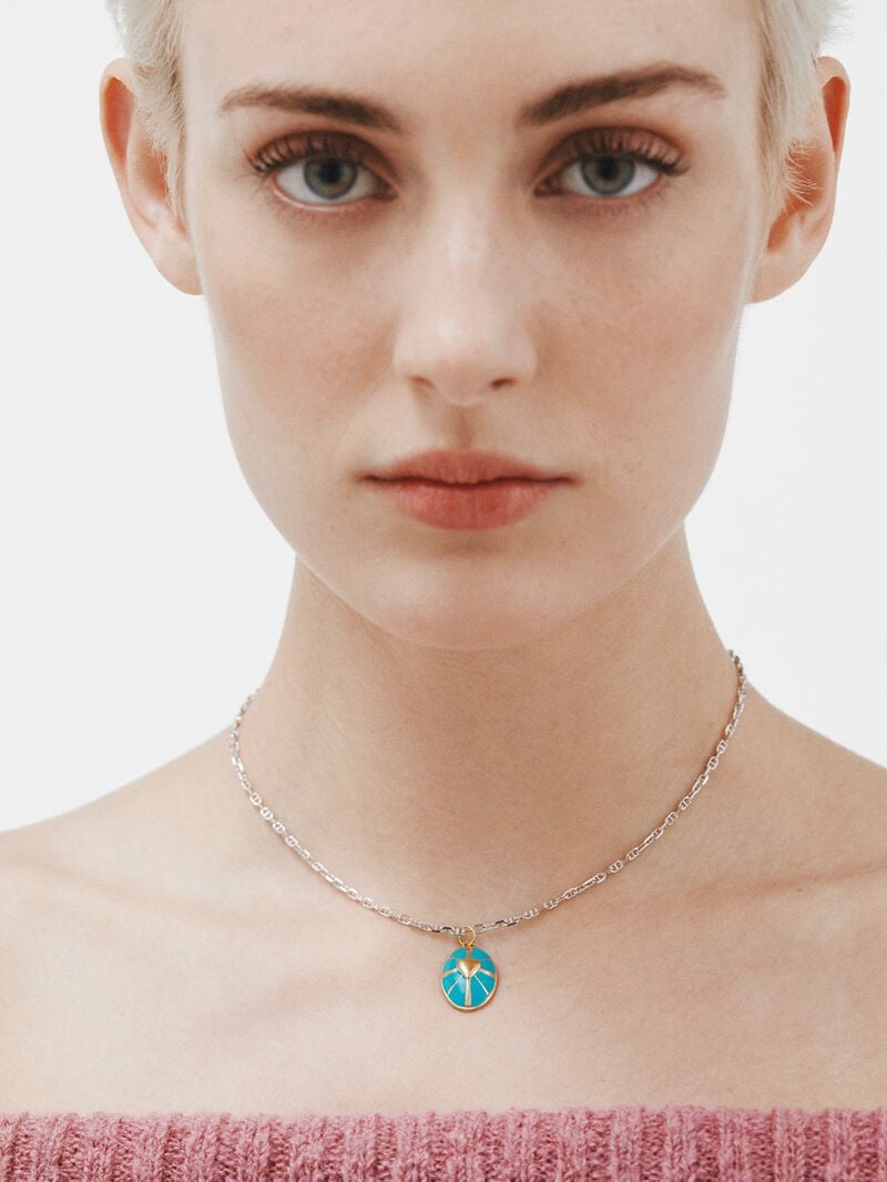 925 silver charm bathed in a yellow gold of 18K medal with a heart and turquoise enamel image number 3
