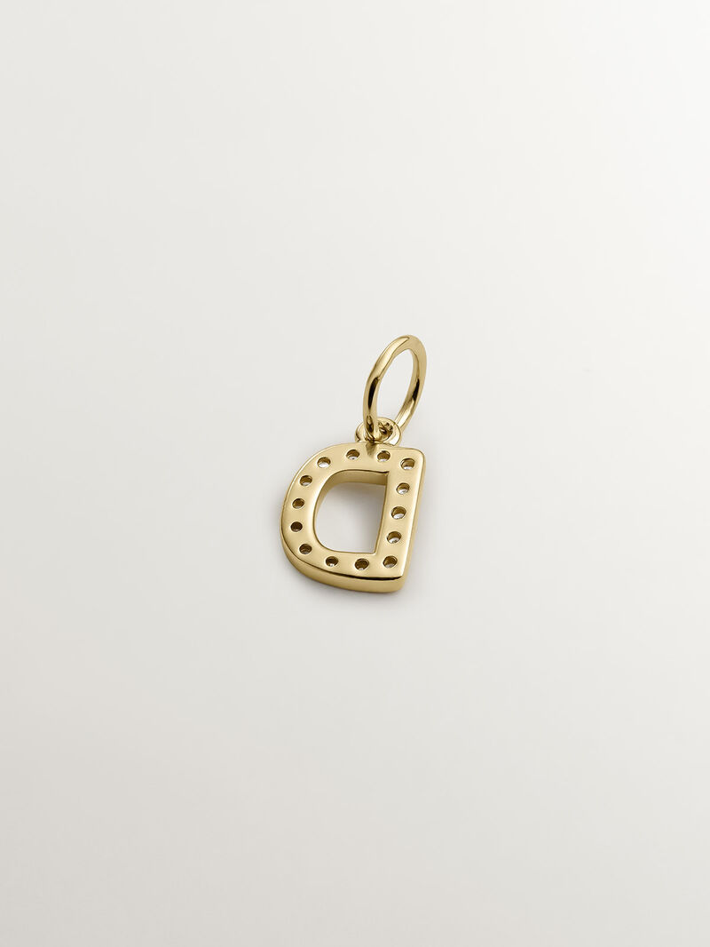 D initial charm made of 925 silver bathed in 18K yellow gold and white topaz. image number 2
