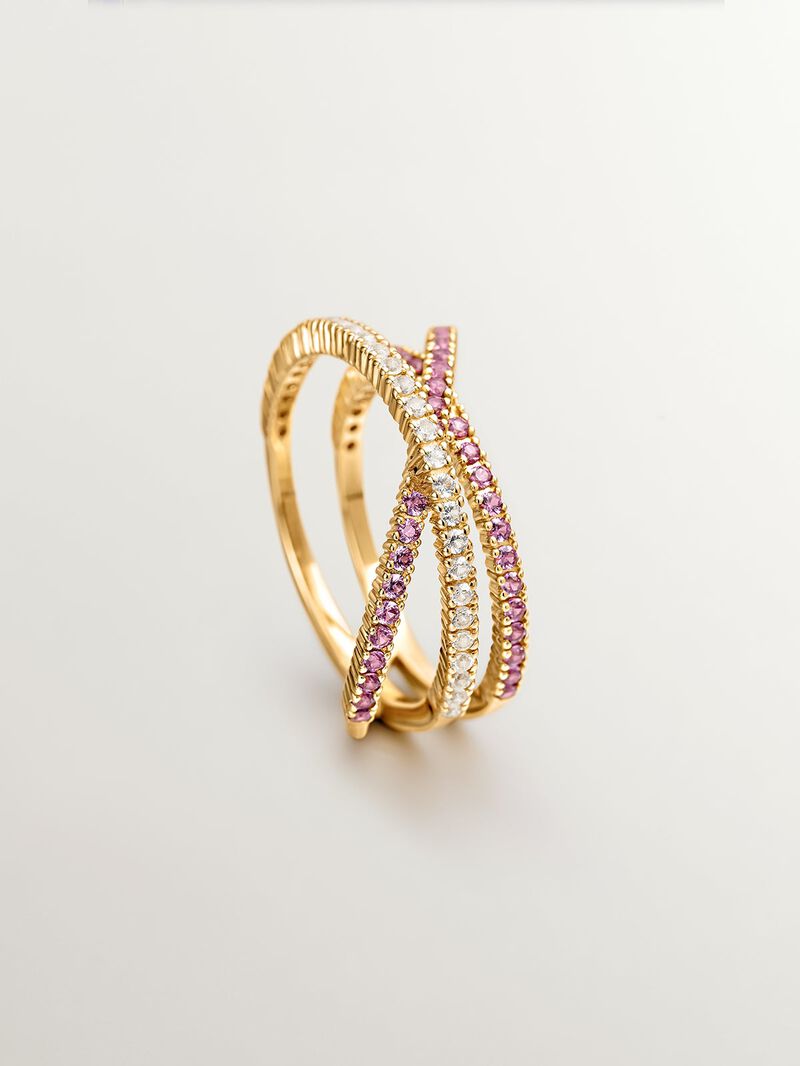925 Silver triple crossover ring bathed in 18K yellow gold with white topaz and purple rhodolite. image number 4