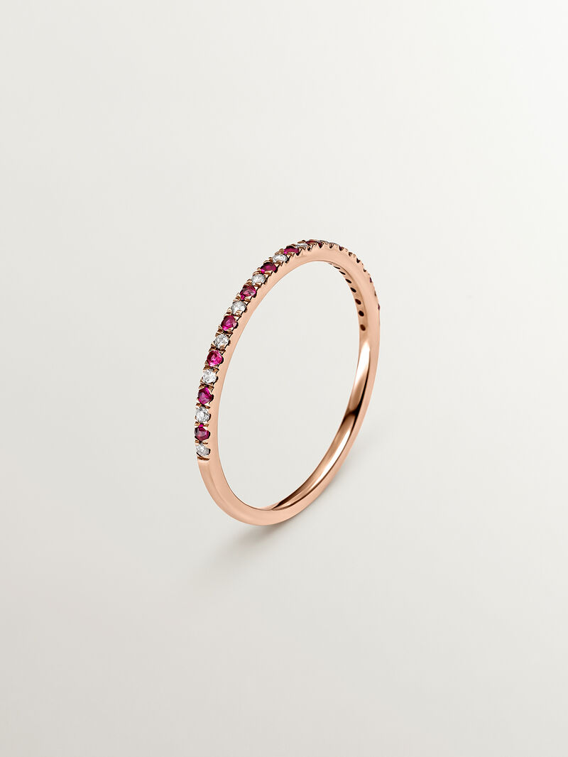 9K Rose Gold Ring with Red Rubies and Diamonds image number 0