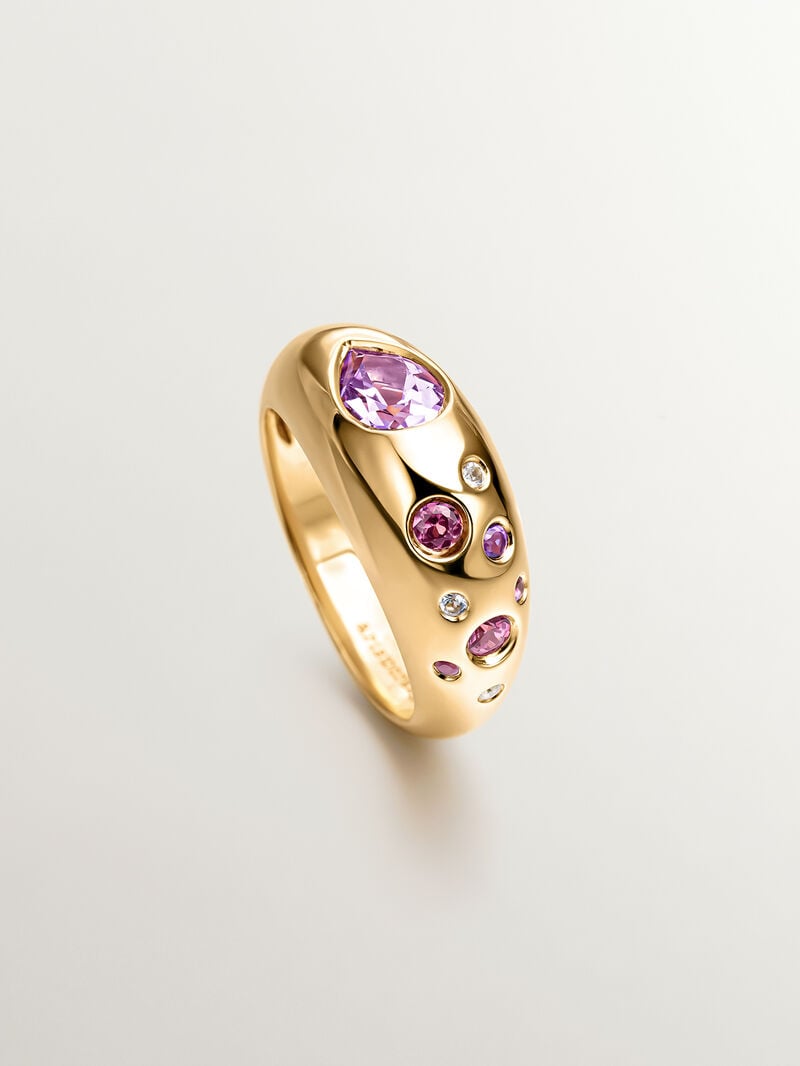 18K yellow gold plated 925 silver ring with pink and purple amethysts, white topaz and pink rhodolites image number 4