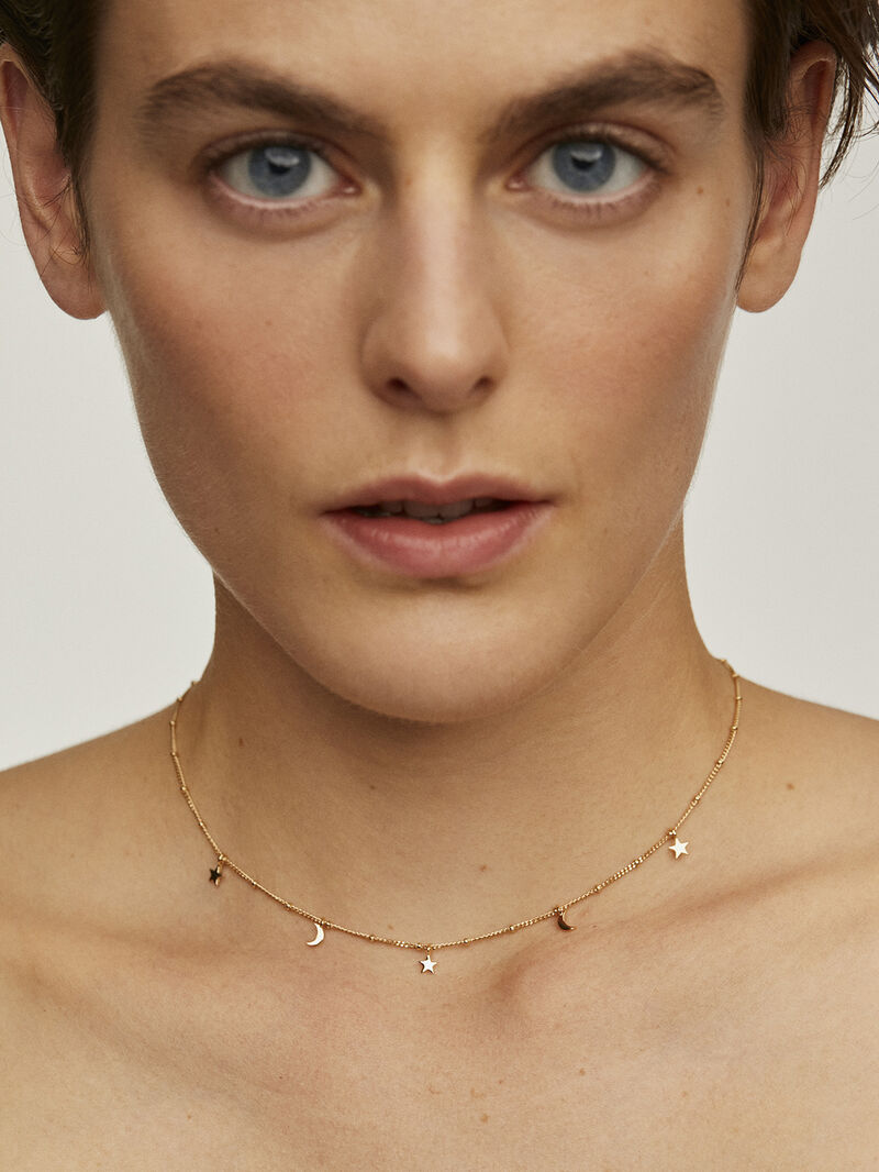 925 Silver necklace coated in 18K yellow gold with stars and moons. image number 1