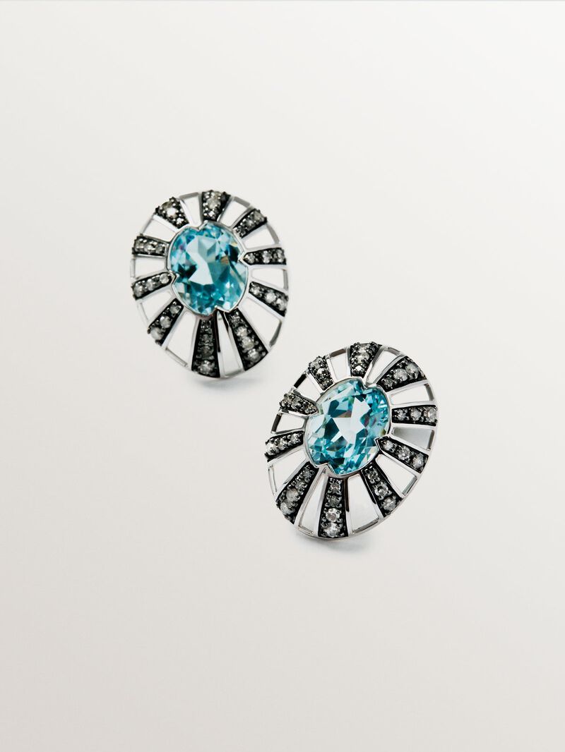 9K White and Yellow Gold Stud Earrings with Topazes and Diamonds image number 4