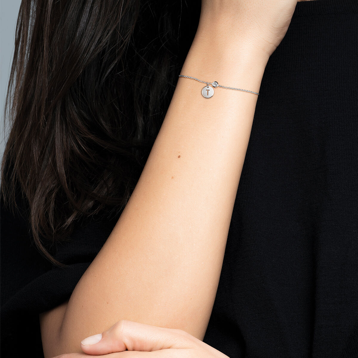 Silver T initial medallion charm  , J03455-01-T, hi-res