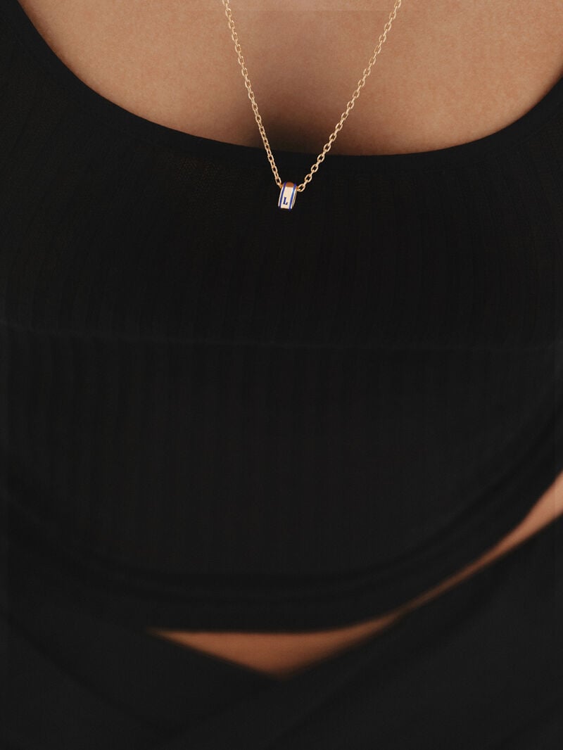 Charm with initial L made of 925 silver plated in 18K yellow gold and blue enamel in a circular shape image number 1