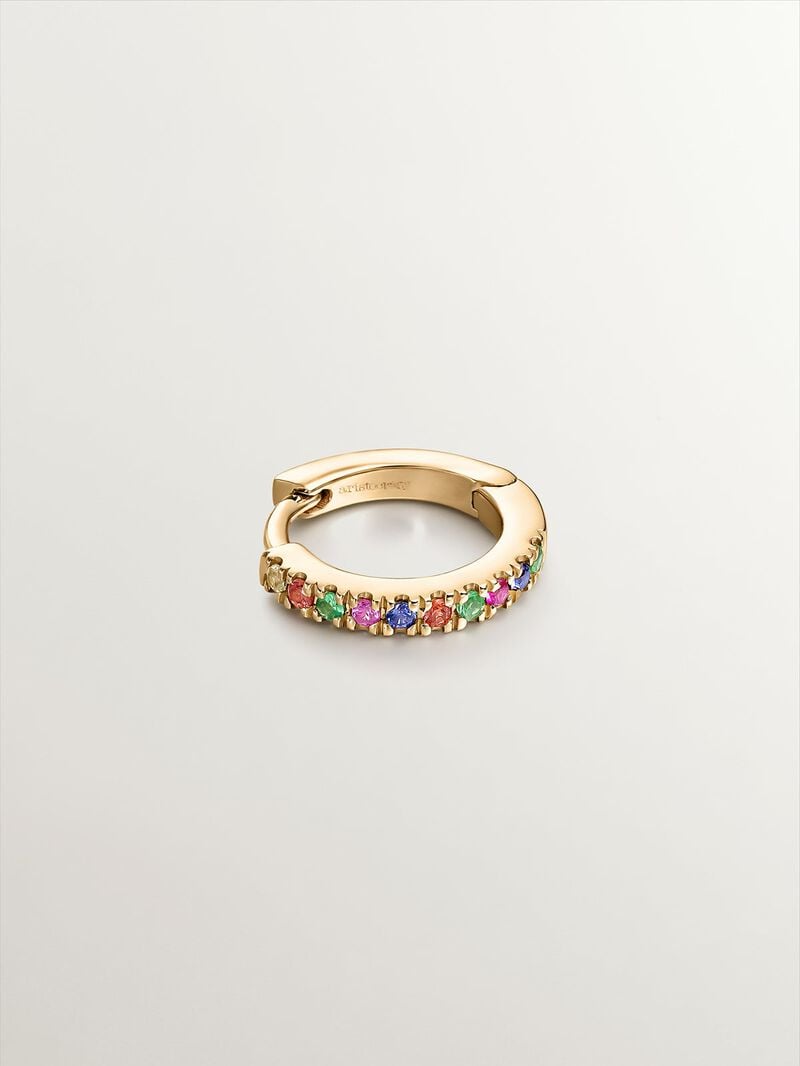 Individual 9K yellow gold hoop earring with tsavorites and multicolor sapphires. image number 2