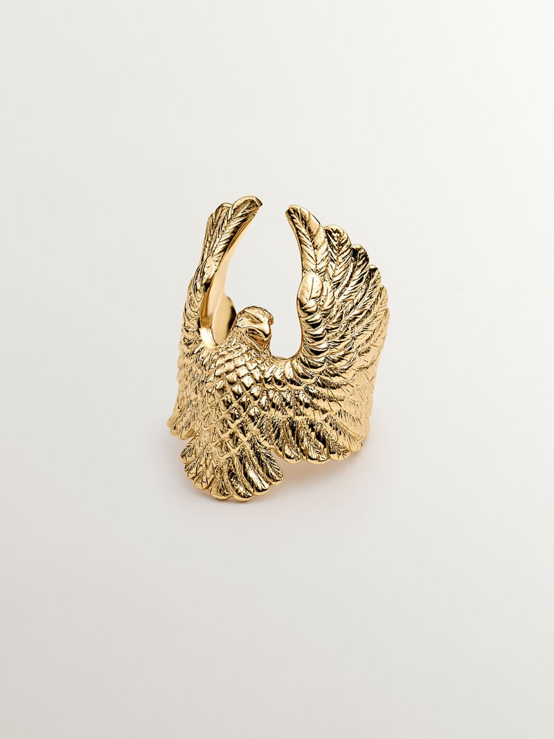 Wide 925 silver ring coated in 18K yellow gold with an eagle shape. image number 0
