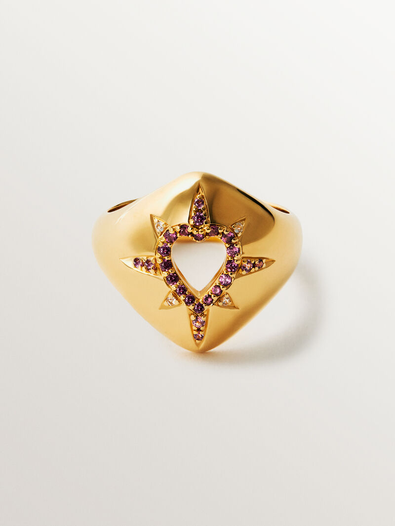 18K yellow gold plated 925 silver ring with purple rhodolites, white topaz and heart shape image number 2
