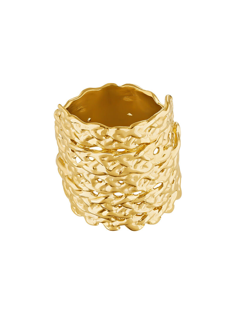 Wide 925 silver ring bathed in 18k yellow gold with wicker texture. image number 2