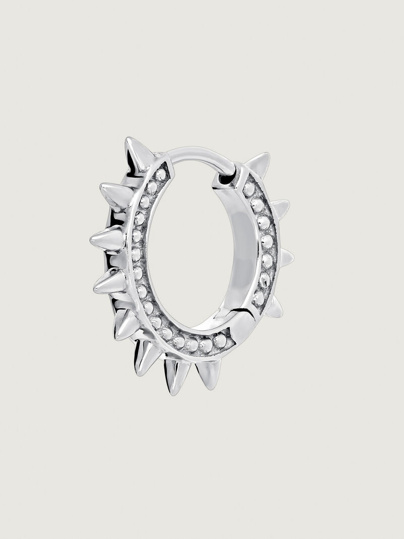 9K white gold single hoop earring with spikes and spheres. image number 0