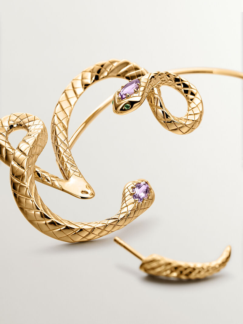 925 Sterling silver earcuff plated in 18K yellow gold with a snake design, amethyst and tsavorite. image number 4
