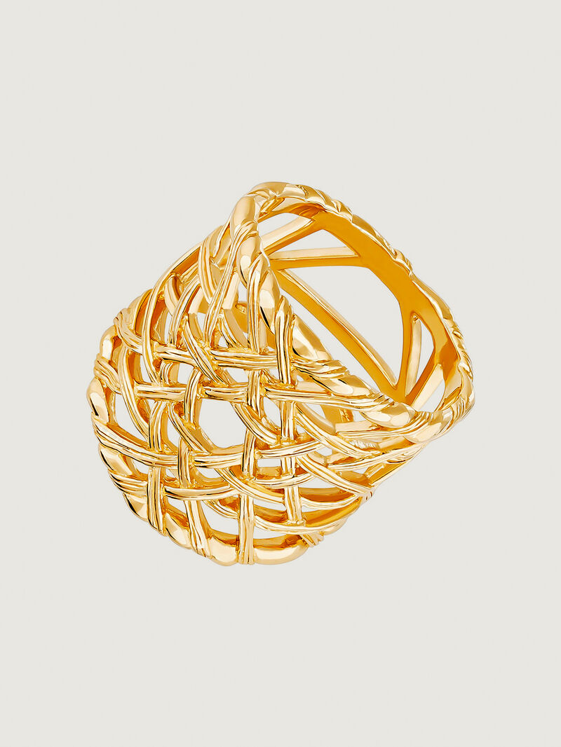 Wide 925 silver ring bathed in 18K yellow gold with wicker texture image number 0