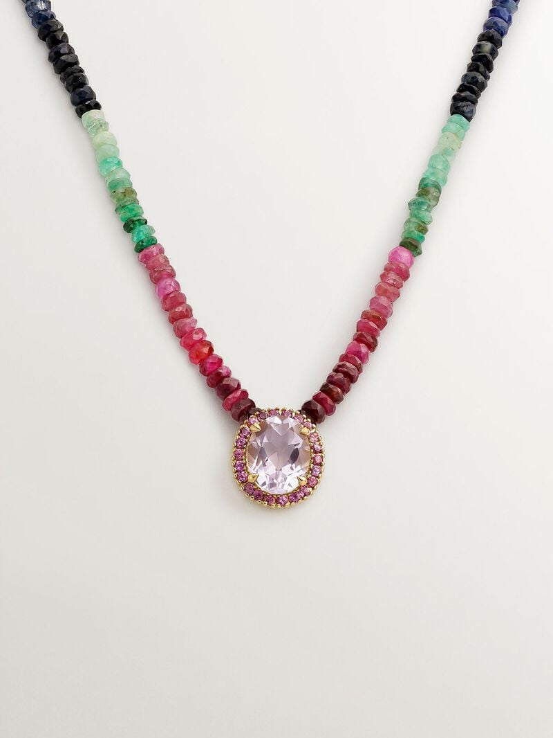 925 silver necklace bathed in 18K yellow gold with multicolor sapphires, pink rhodolite, and purple amethyst. image number 0