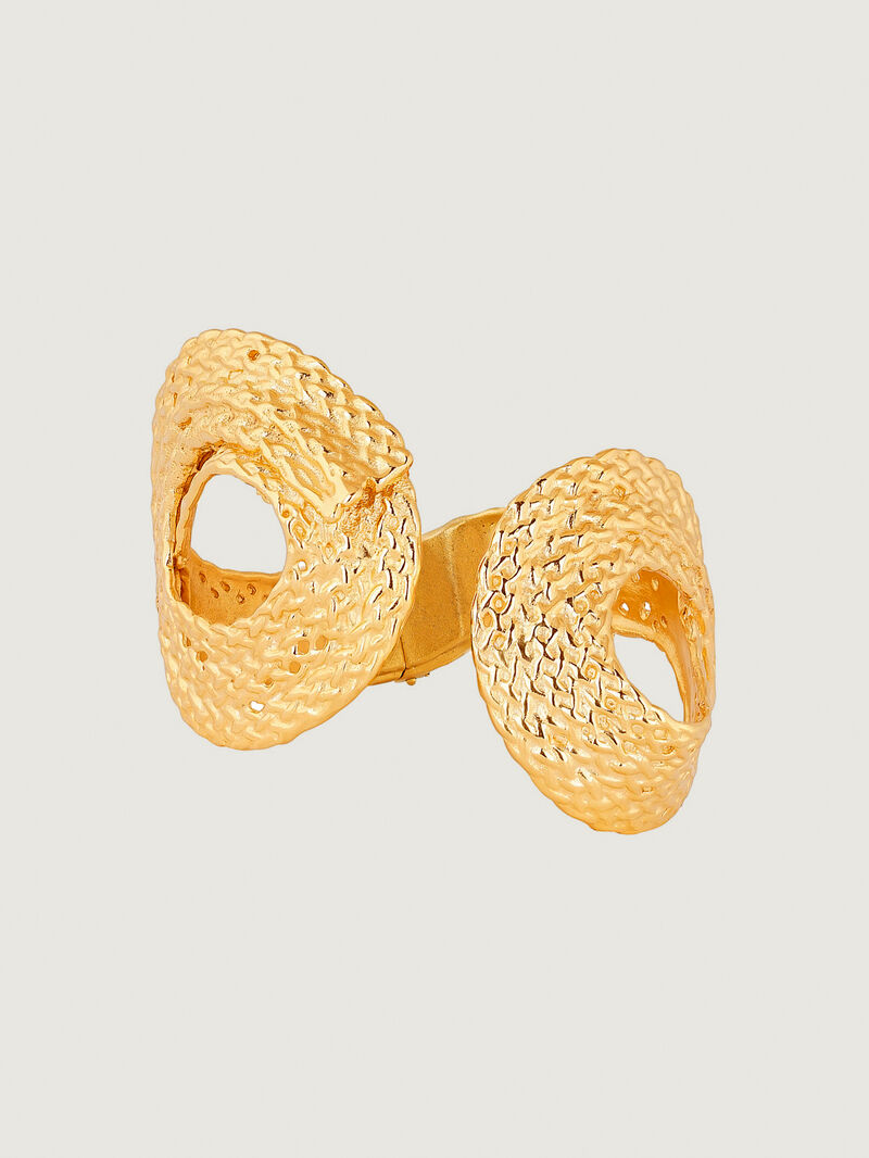 Wide rigid 925 silver bracelet bathed in 18K yellow gold with wicker texture. image number 1