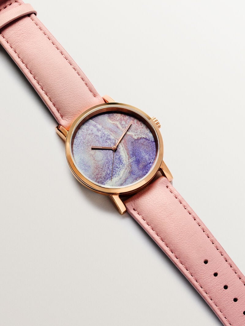 Watercolors watch with pink leather strap and multicolor marble effect dial image number 0