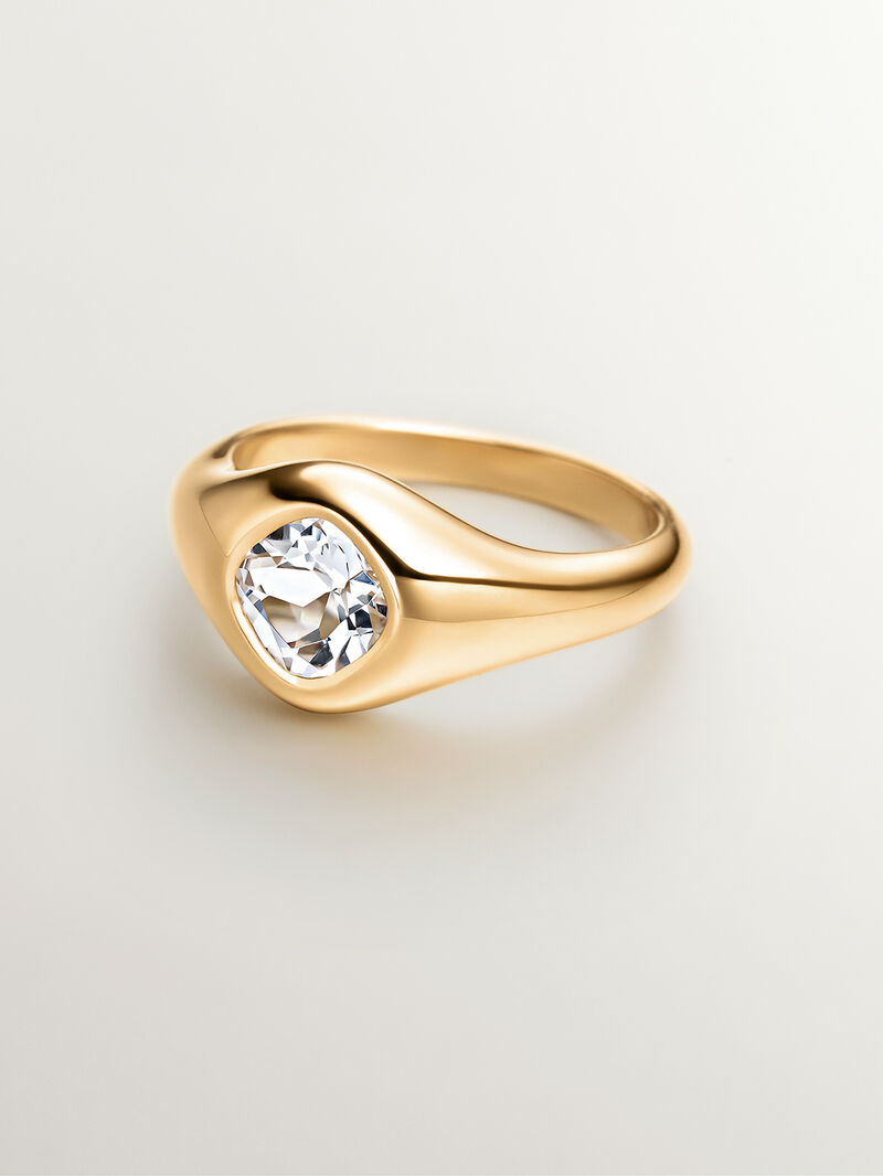 18K yellow gold plated 925 silver signet ring with white quartz image number 2