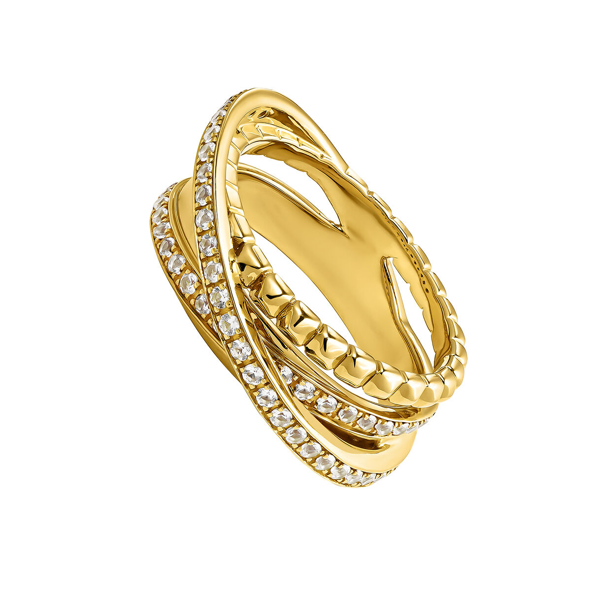 Crossover ring with multiple bands in 18ct yellow gold-plated silver with white topaz stones, J04907-02-WT, hi-res
