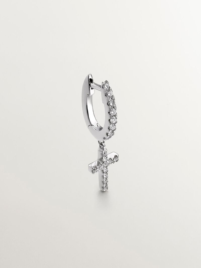 Single 18K white gold earring with diamonds and cross. image number 0