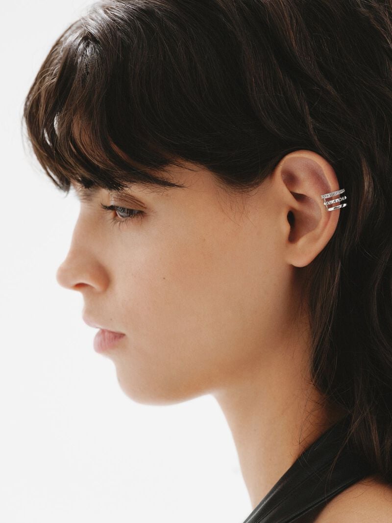 925 Silver Earcuff with embossing and white topazes image number 1