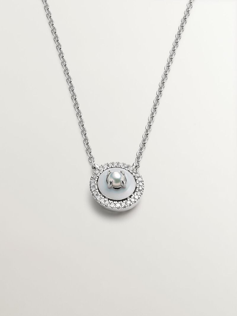 925 silver pendant and 18K white gold with white pearls, white diamonds and gray enamel image number 0