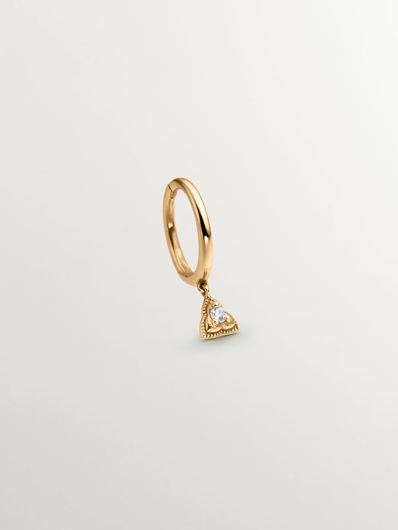 Individual 9K yellow gold hoop earring with triangle and white topaz. image number 0