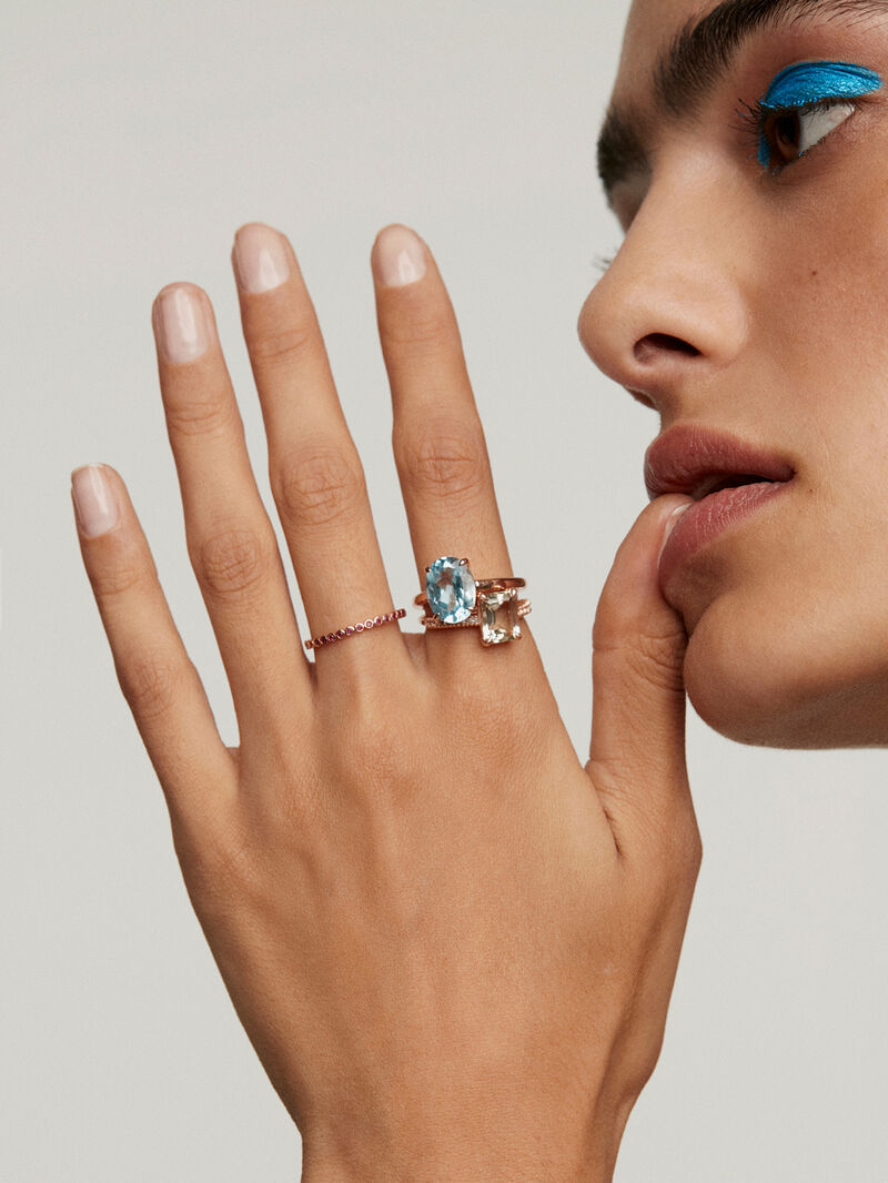 925 Silver ring bathed in 18K rose gold with green quartz and white topaz. image number 5