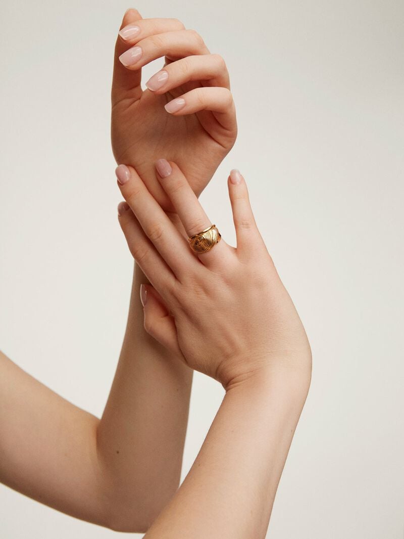 Wide 925 silver ring bathed in 18K yellow gold with embossed and irregular shape image number 1