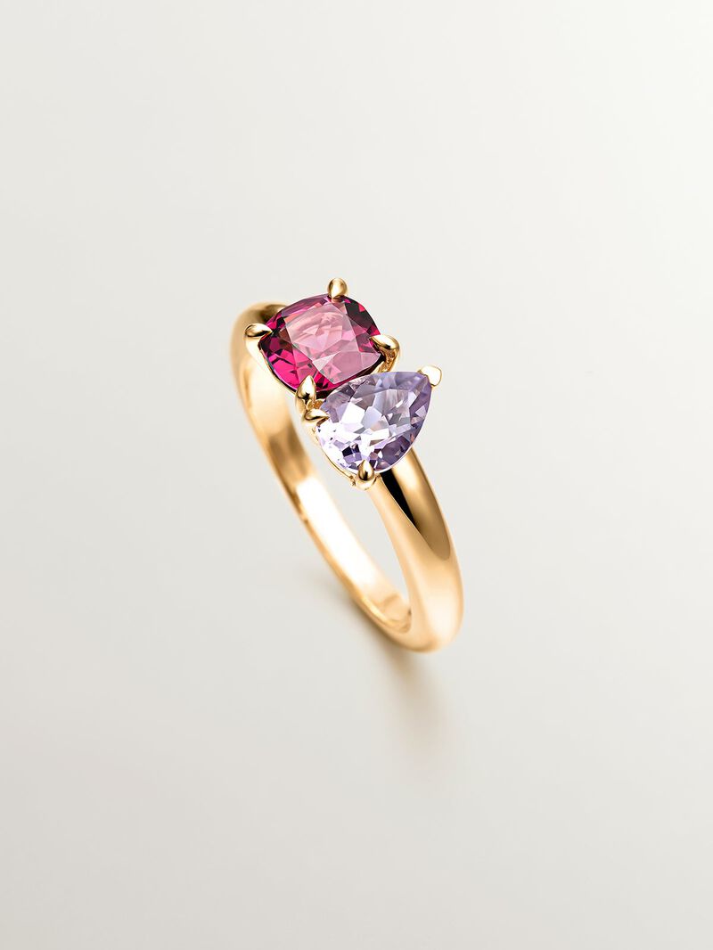 18K yellow gold plated 925 silver ring with rhodolite and pink amethyst image number 4