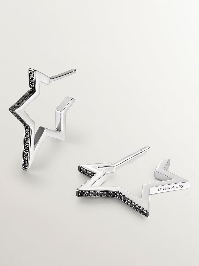 925 Silver earrings in the shape of a star with black spinels. image number 2
