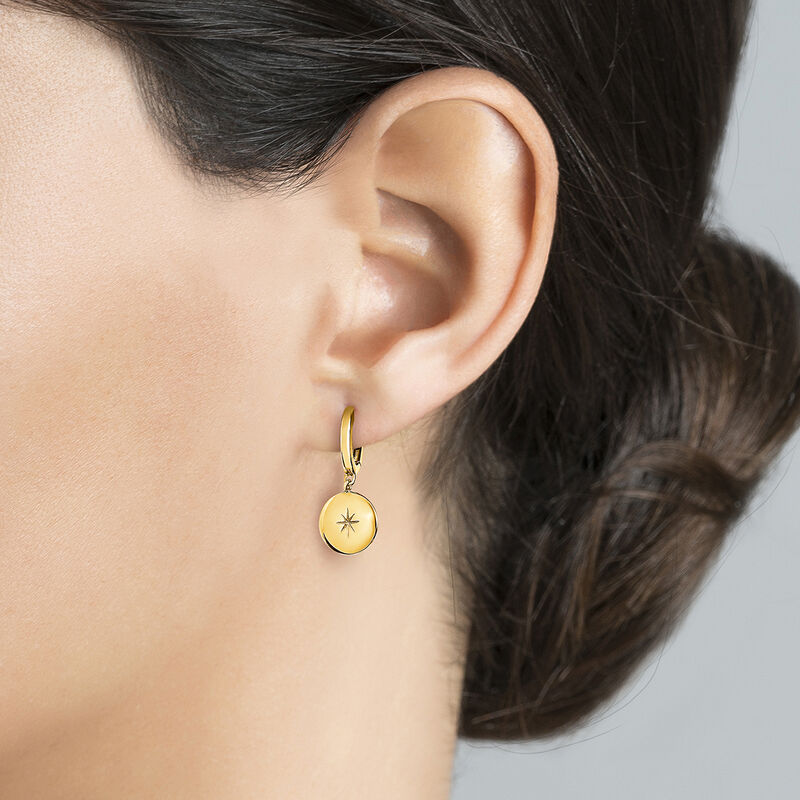Gold plated star round motif hoop earrings , J04606-02, hi-res