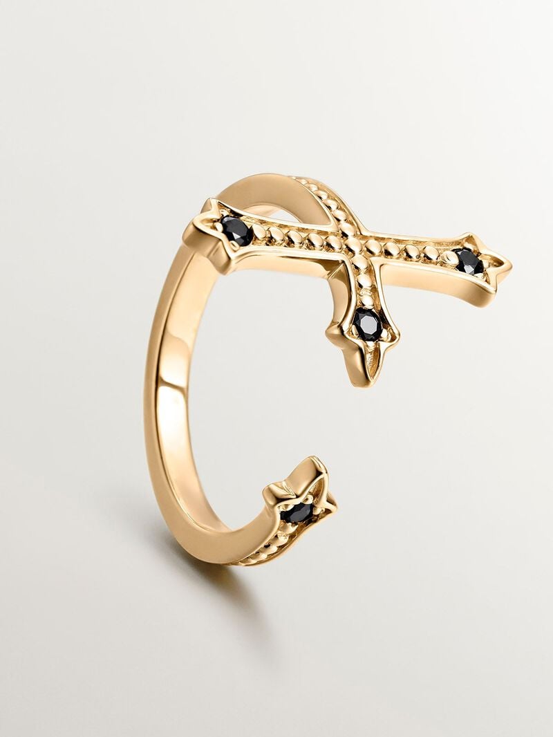 You and Me ring made of 925 silver, bathed in 18K yellow gold, cross-shaped with black spinels. image number 4