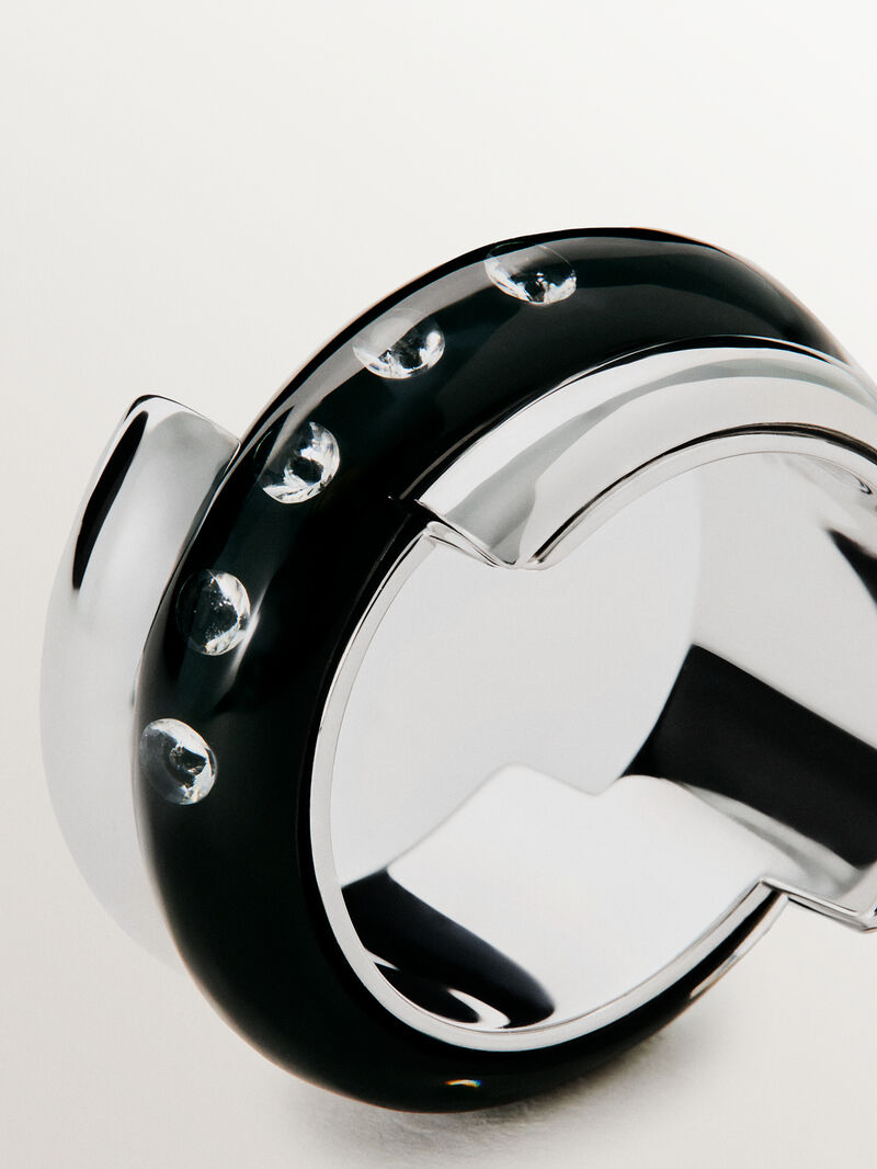 925 silver ring with black enamel and zircons suspended in resin image number 4