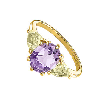 Trilogy ring in 18k yellow gold-plated sterling silver with central purple amethyst and yellow quartz stones, J03748-02-AM-LQ,hi-res