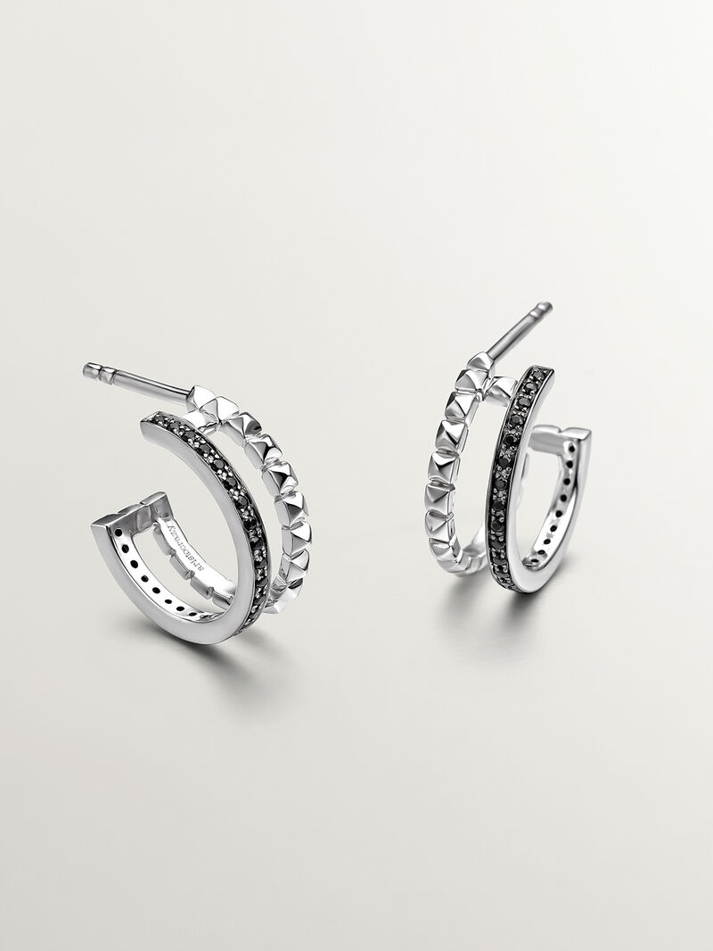 Double hoop earrings made of 925 silver with embossing and black spinels image number 0