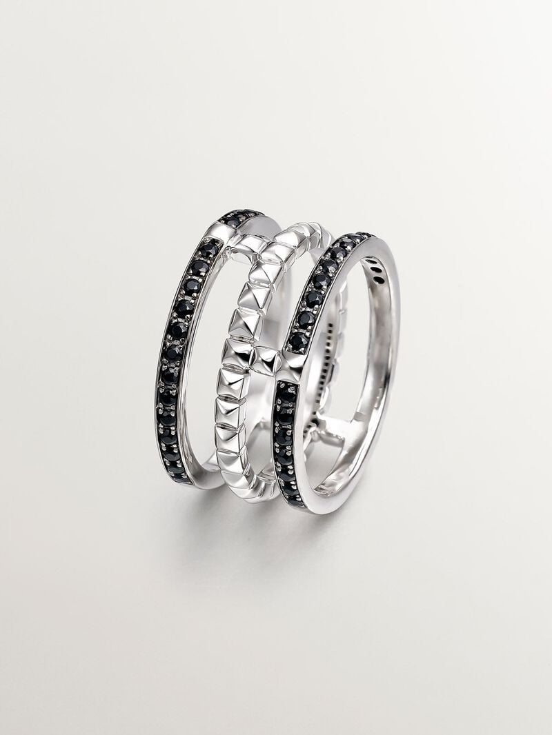 925 Silver triple ring with texture and black spinels image number 0