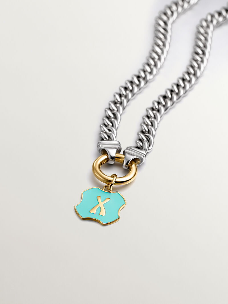 Charm in 925 sterling silver plated in 18K yellow gold with initial X and turquoise enamel with irregular shape image number 2