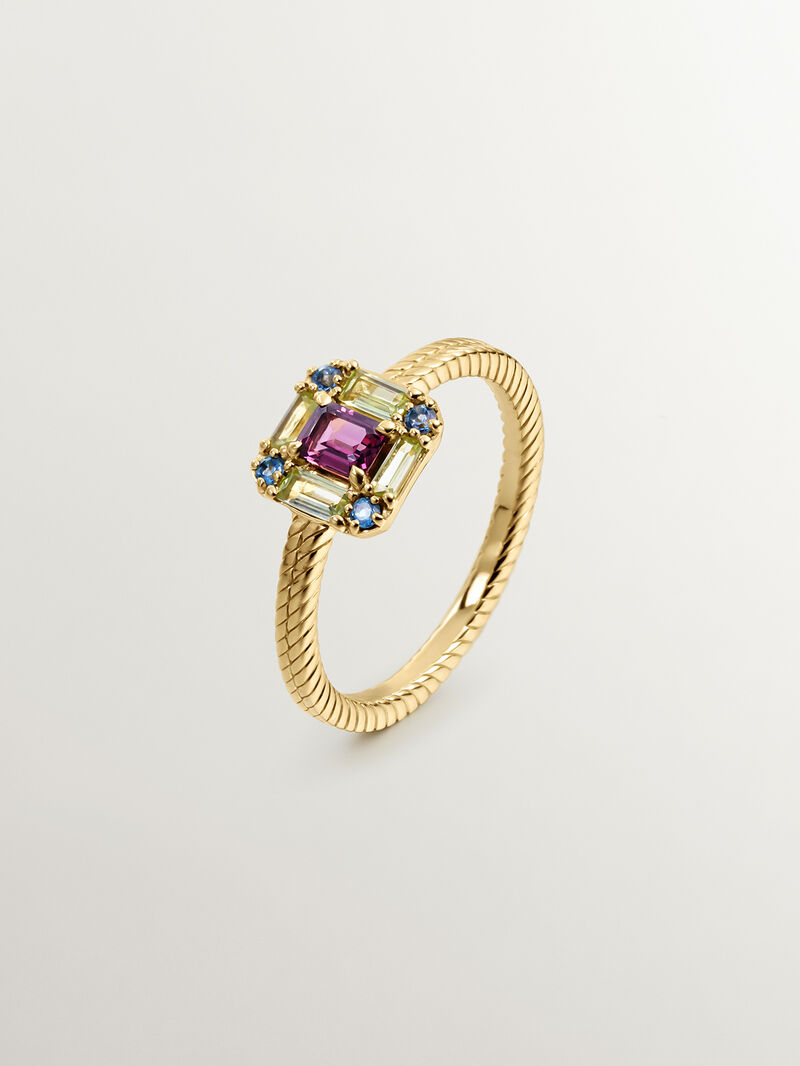 925 Silver ring bathed in 18K yellow gold with rhodolite, peridot, and topaz. image number 0
