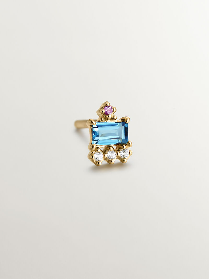 Individual 925 silver earring bathed in 18K yellow gold with white and London blue topaz and pink rhodolite. image number 0