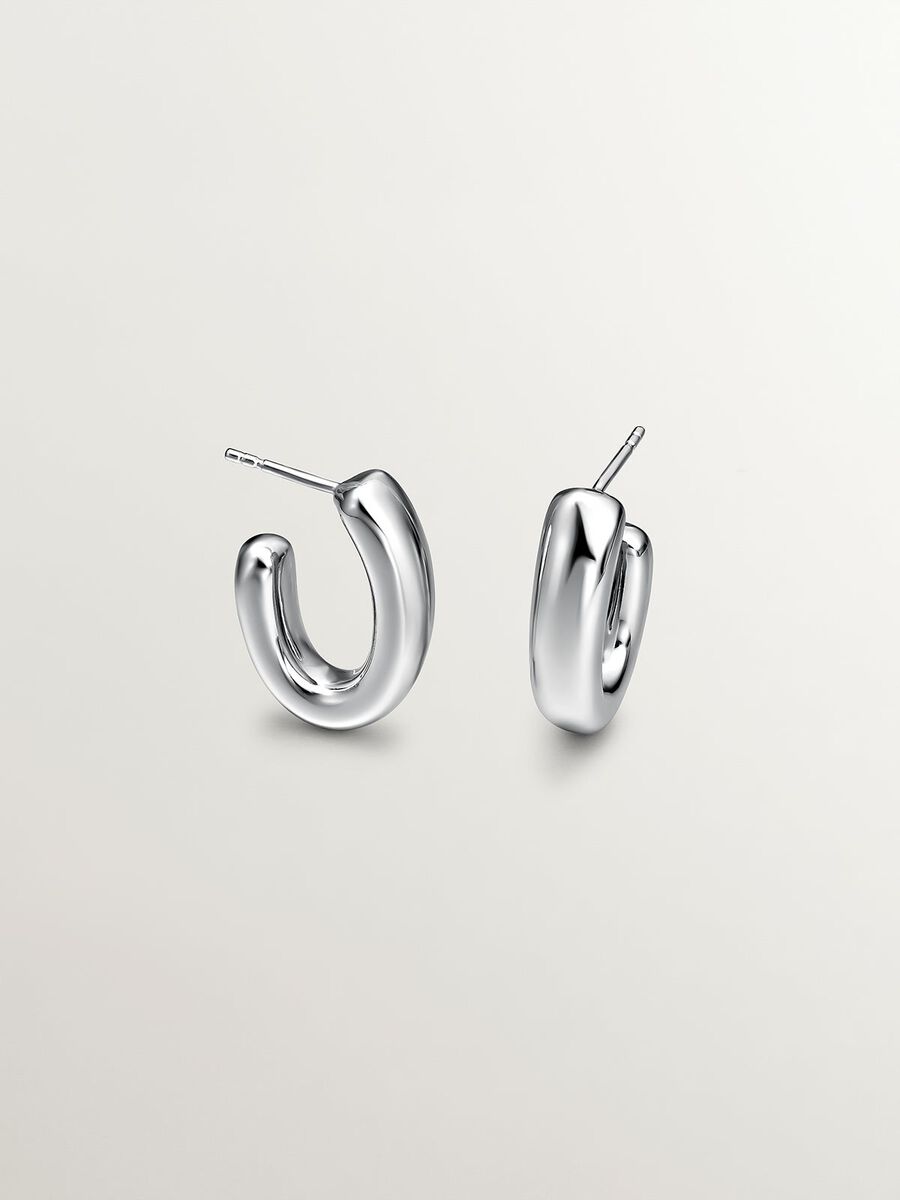Pendientes de aro mediano grueso ovalados de plata, J00799-01, hi-res