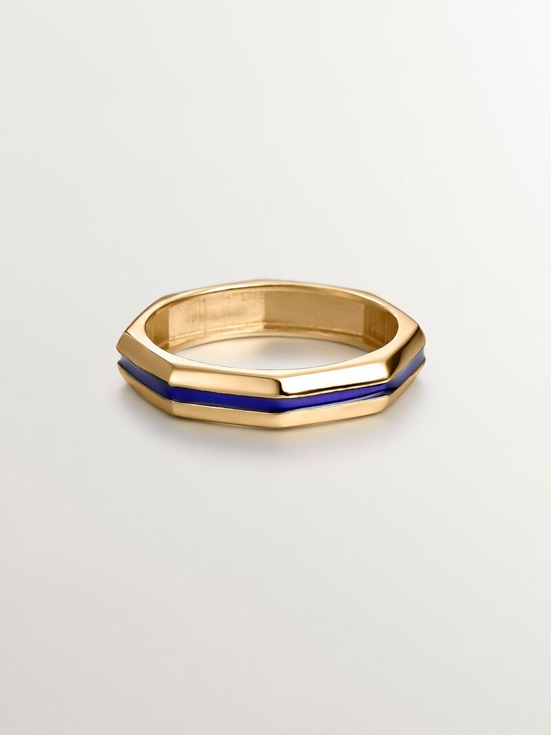925 silver ring bathed in 18k yellow gold with geometric finish and blue enamel image number 2