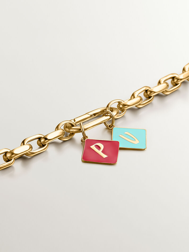 18K yellow gold plated 925 sterling silver charm with V initial and turquoise enamel in the shape of a diamond image number 4