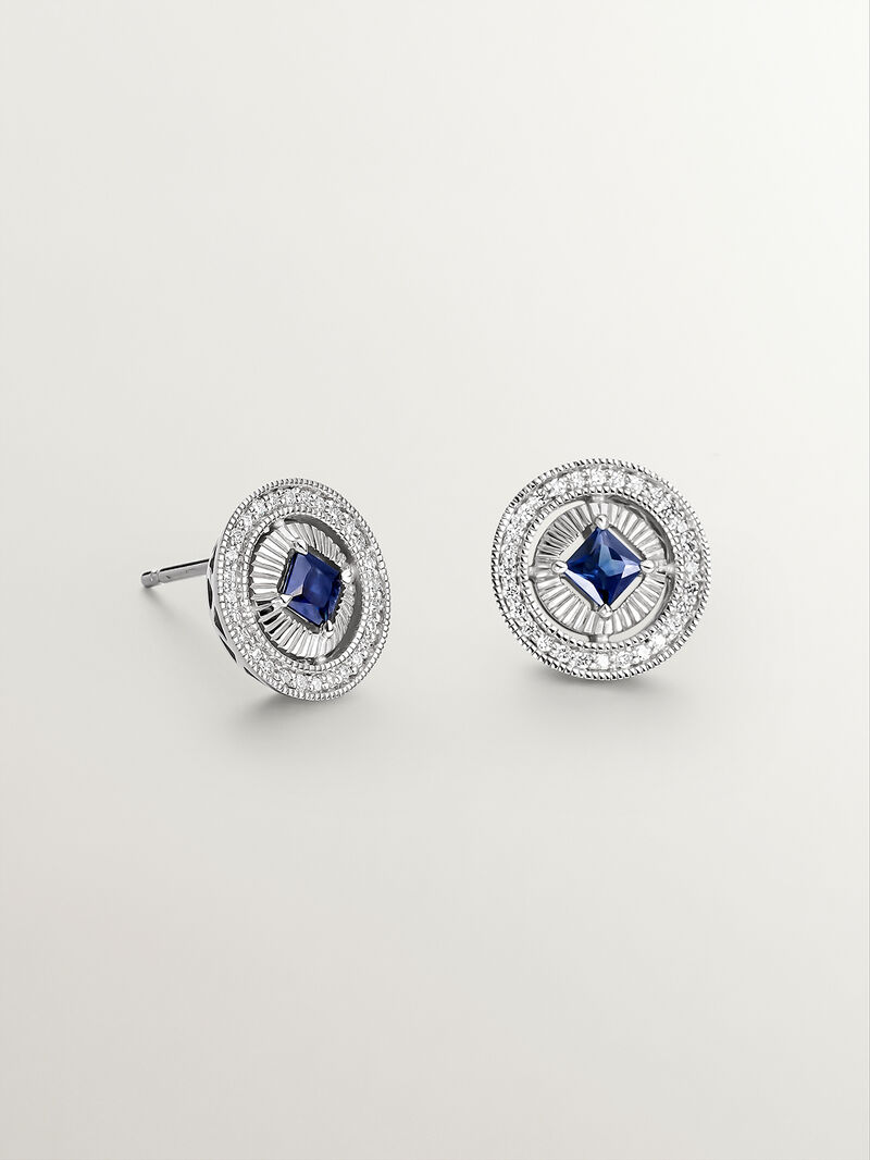 18K white gold earrings with brilliant-cut diamonds and princess-cut blue sapphires image number 0