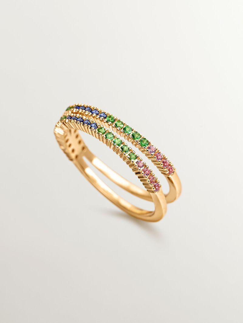 925 Silver Double Ring dipped in 18K yellow gold with tsavorites and multicolor sapphires. image number 4