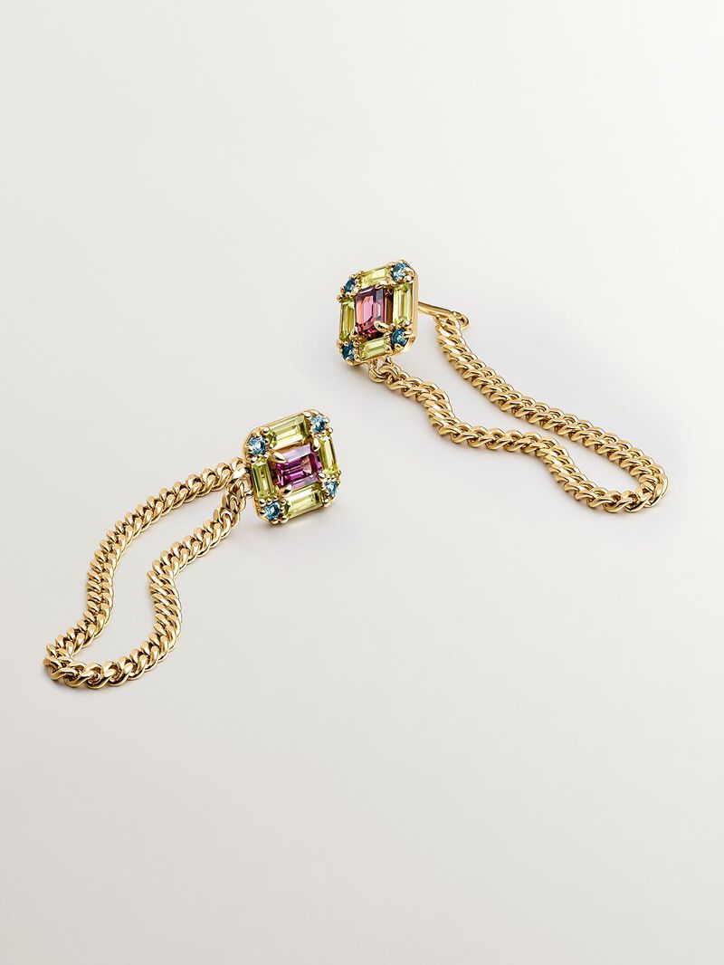 Long earrings with 925 silver chain coated in 18K yellow gold with peridots, topazes and rhodolites. image number 2