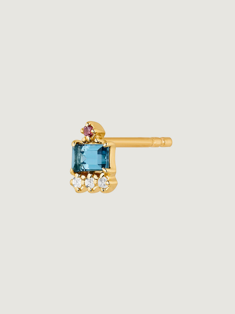 Individual 925 silver earring bathed in 18K yellow gold with white and London blue topaz and pink rhodolite. image number 5