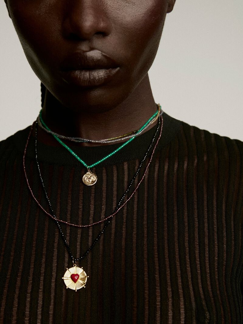 925 Silver necklace bathed in 18K yellow gold with pink rhodolite beads. image number 5