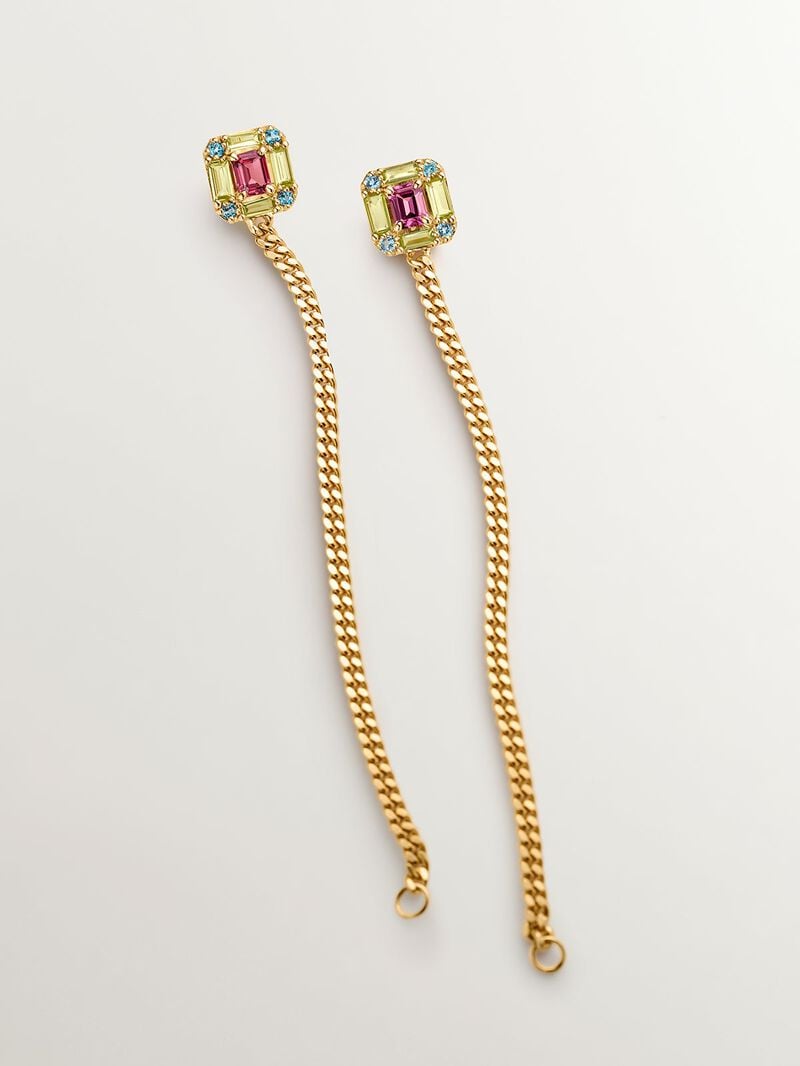 Long earrings with 925 silver chain coated in 18K yellow gold with peridots, topazes and rhodolites. image number 0